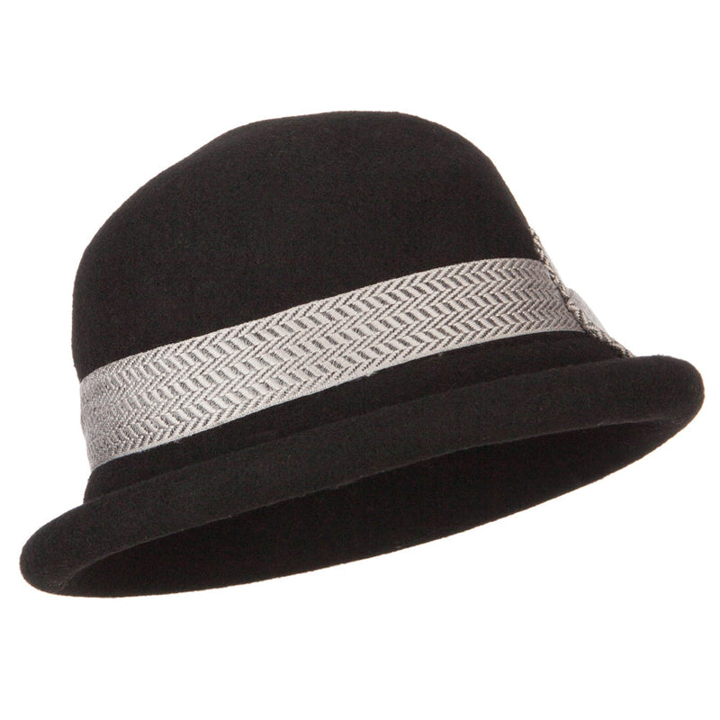 Women's Wool Felt Herringbone Design Ribbon Accented Rolled Up Brim Bucket Hat