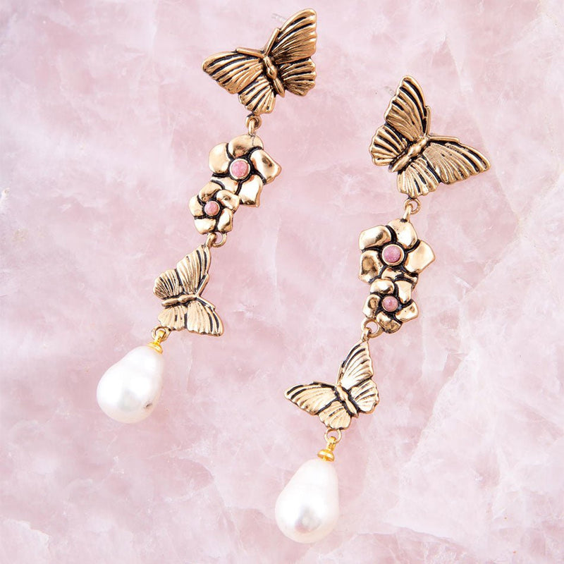 Rhodonite and White Pearl Golden Butterflies Post Drop Earrings