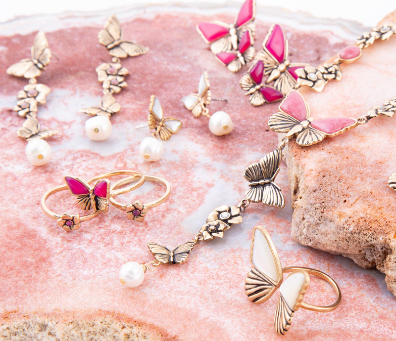 Rhodonite and White Pearl Golden Butterflies Post Drop Earrings