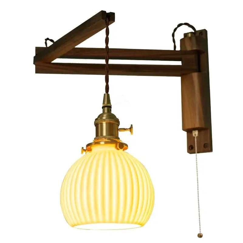 GobekUsa Ceramic LED Wall Sconce Walnut Wood Copper Pull Chain Switch Light