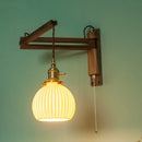 GobekUsa Ceramic LED Wall Sconce Walnut Wood Copper Pull Chain Switch Light