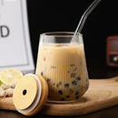 Ribbed glass cup set with bamboo lid and straw for kitchen dining by Decorbites