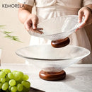 GobekUsa Creative Glass Fruit Plate with Wooden Base | Elegant Home Decor for Living Room Coffee Table