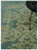 Richmond Custom Made Ivory and Teal Hand Knotted Oushak Wool Rug