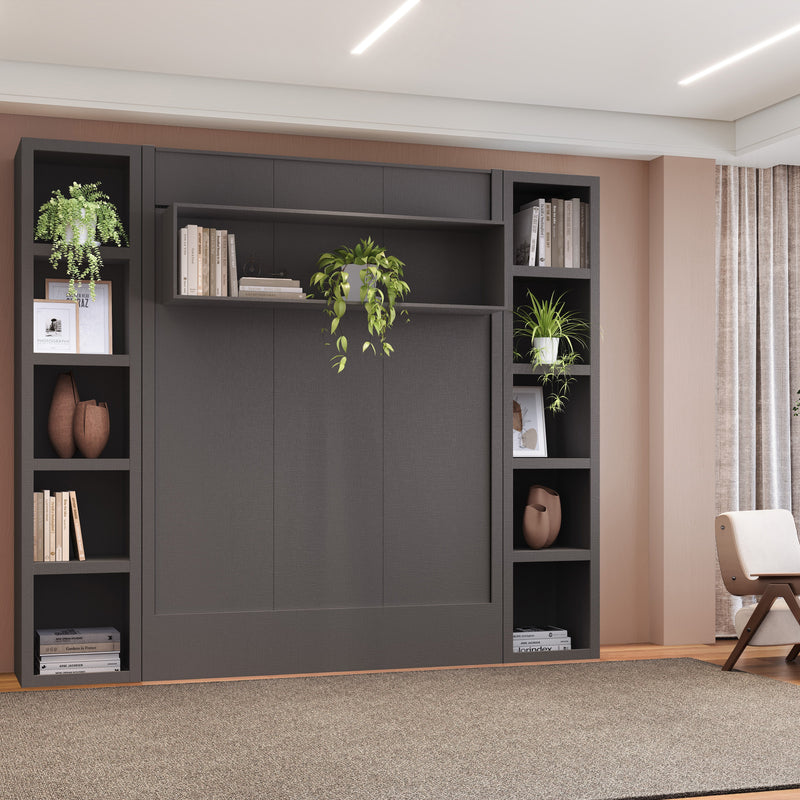 Easy-Lift Full Murphy Wall Bed in Dark Grey with Two Bookshelves