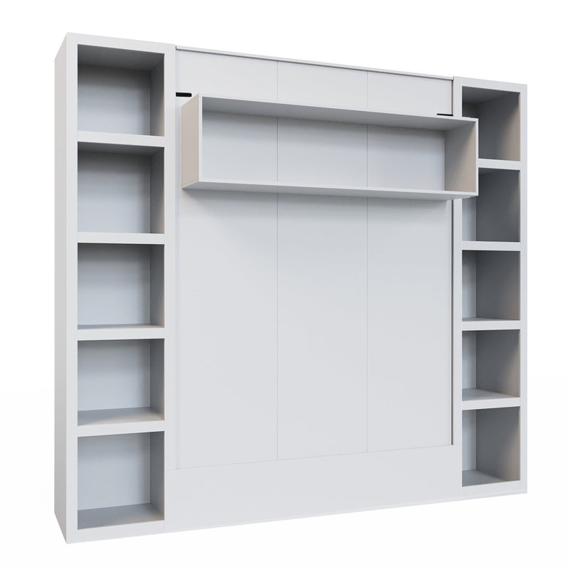Easy-Lift Full Murphy Wall Bed in White with Two Bookshelves