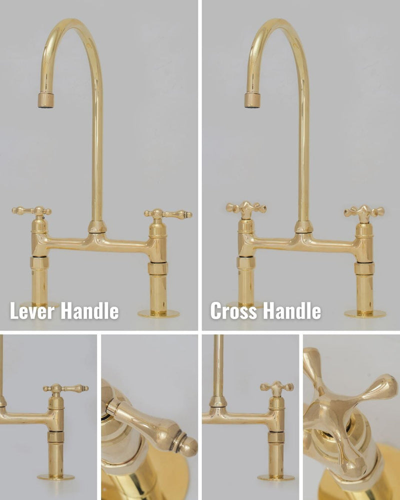 Unlacquered Brass Kitchen Faucet, Bridge Kitchen Faucet With Sprayer, Antique Brass Gold Faucet (8")