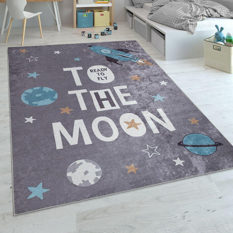 Rocket Rug for Kids Moon Sky Motif with Text in Grey