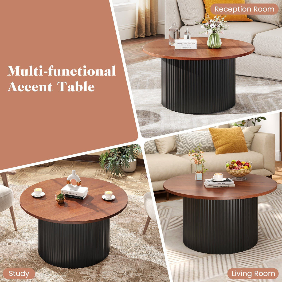 Round Coffee Table with Solid Wood Frame and Wooden Top-Walnut, photo 8 of 8