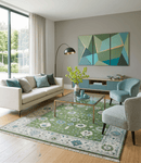 Royal Green and Ivory Wool Area Rug - Hand Knotted Oushak Traditional