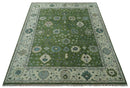 Royal Green and Ivory Wool Area Rug - Hand Knotted Oushak Traditional