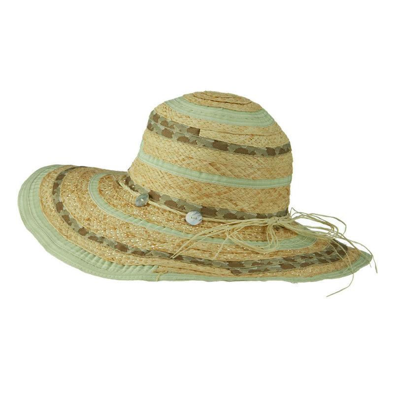 Ribbon And Raffia Shell Button Wide Brim Hat