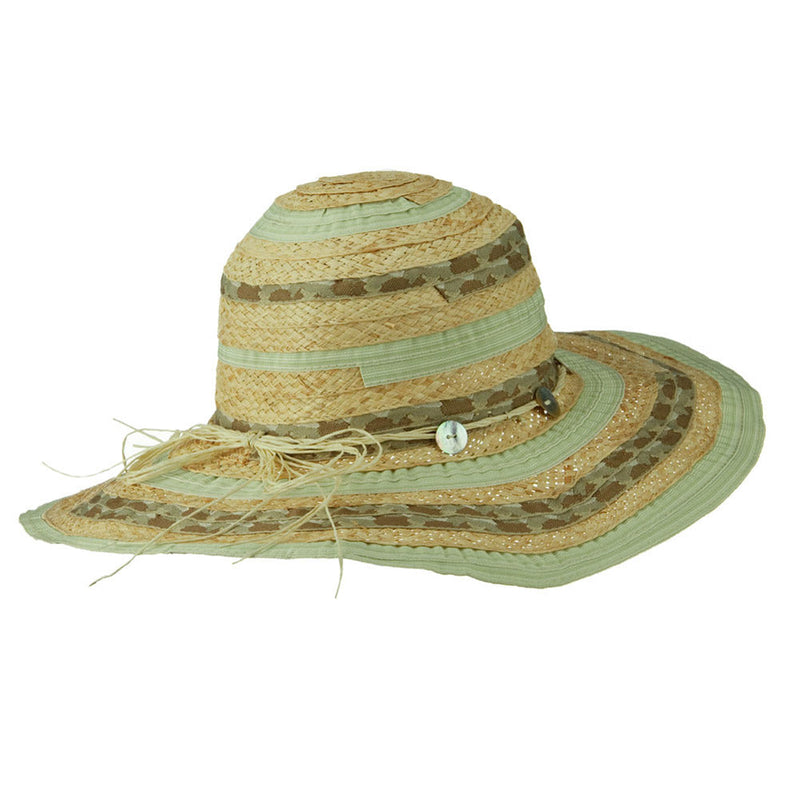 Ribbon And Raffia Shell Button Wide Brim Hat