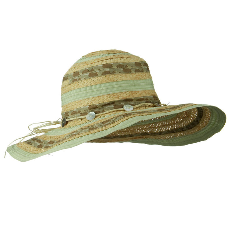 Ribbon And Raffia Shell Button Wide Brim Hat