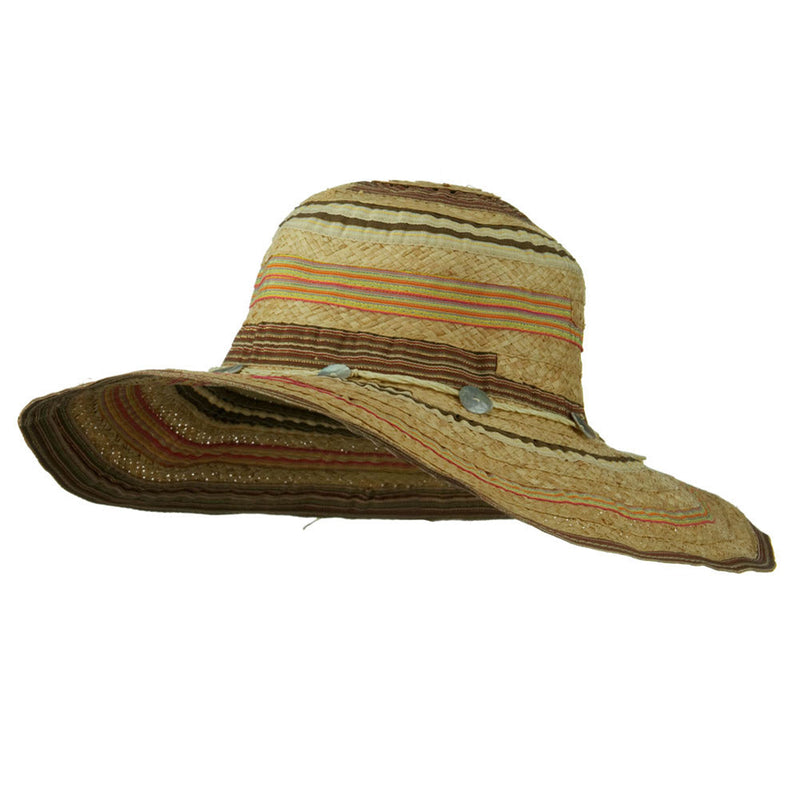 Ribbon And Raffia Shell Button Wide Brim Hat
