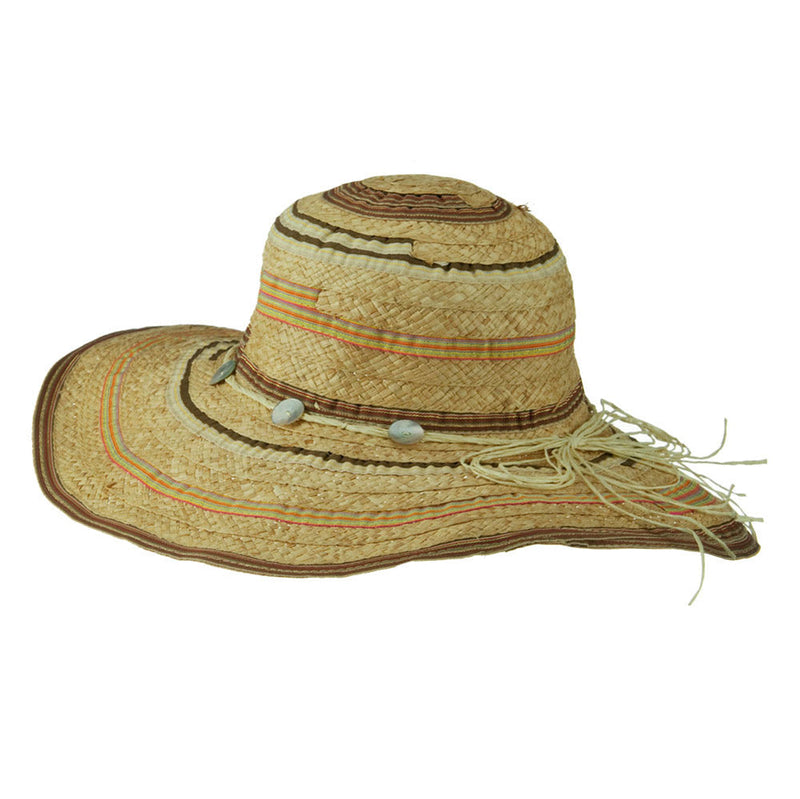 Ribbon And Raffia Shell Button Wide Brim Hat
