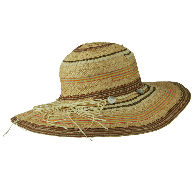 Ribbon And Raffia Shell Button Wide Brim Hat