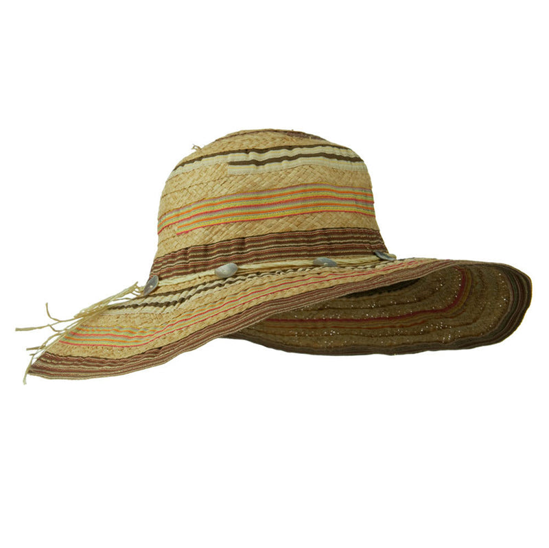 Ribbon And Raffia Shell Button Wide Brim Hat