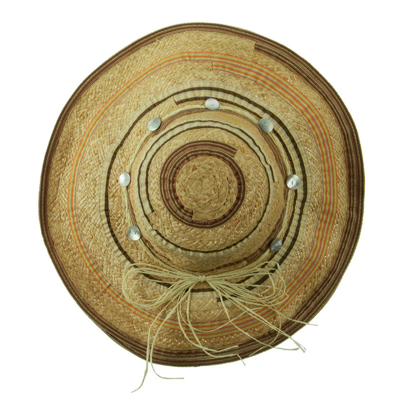 Ribbon And Raffia Shell Button Wide Brim Hat