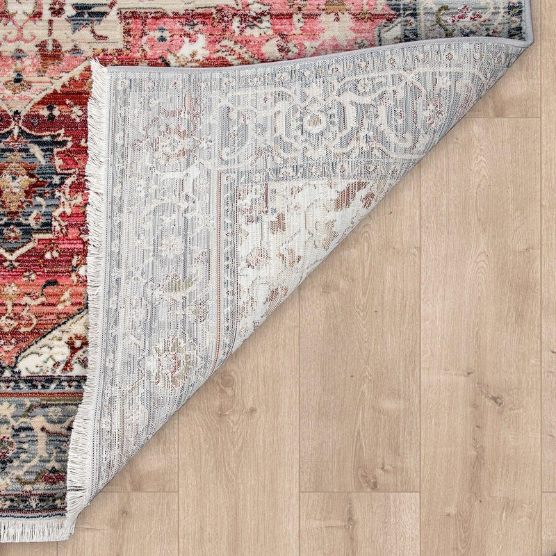 Rug, Short-Pile For Living Rooms, With Oriental Design And Border In Pink, Colourful