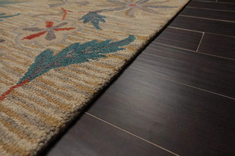 5x8 Beige Handmade Wool Loop Pile Floral Traditional Oriental Area Rug