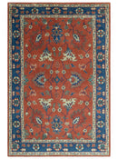 Hand Knotted Wool Oushak Area Rug - Rust Blue Beige Oriental