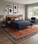 Hand Knotted Wool Oushak Area Rug - Rust Blue Beige Oriental