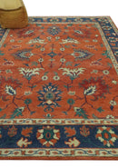 Hand Knotted Wool Oushak Area Rug - Rust Blue Beige Oriental