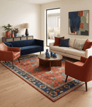 Hand Knotted Wool Oushak Area Rug - Rust Blue Beige Oriental
