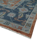 Rust Blue and Silver Hand Knotted Traditional Oushak Wool Area Rug - Floral Pattern