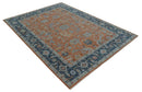 Rust Blue and Silver Hand Knotted Traditional Oushak Wool Area Rug - Floral Pattern