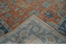 Rust Blue and Silver Hand Knotted Traditional Oushak Wool Area Rug - Floral Pattern