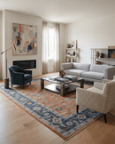 Rust Blue and Silver Hand Knotted Traditional Oushak Wool Area Rug - Floral Pattern