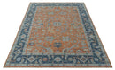 Rust Blue and Silver Hand Knotted Traditional Oushak Wool Area Rug - Floral Pattern