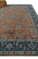 Rust Blue and Silver Hand Knotted Traditional Oushak Wool Area Rug - Floral Pattern
