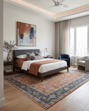 Rust Blue and Silver Hand Knotted Traditional Oushak Wool Area Rug - Floral Pattern