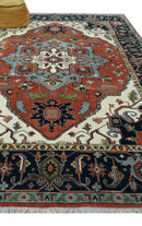 Rust, Ivory and Blue Fine Hand Knotted Traditional Heriz 9x12 wool area rug by The Rug Decor