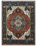 Rust, Ivory and Blue Fine Hand Knotted Traditional Heriz 9x12 wool area rug by The Rug Decor