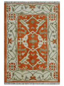 Rust, Ivory and Olive hand knotted 2x3 Oriental Oushak Wool Area Rug by The Rug Decor