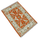 Rust, Ivory and Olive hand knotted 2x3 Oriental Oushak Wool Area Rug by The Rug Decor