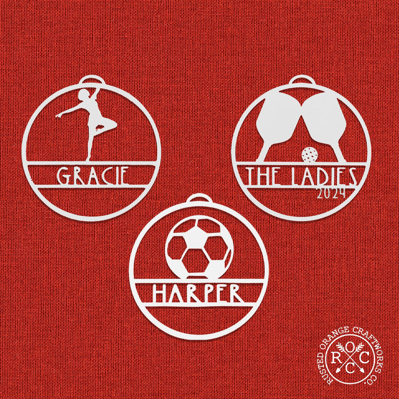 Sports Ornament Personalized - 3 pack - 30 Sports Theme Styles - Metal Christmas Ornaments