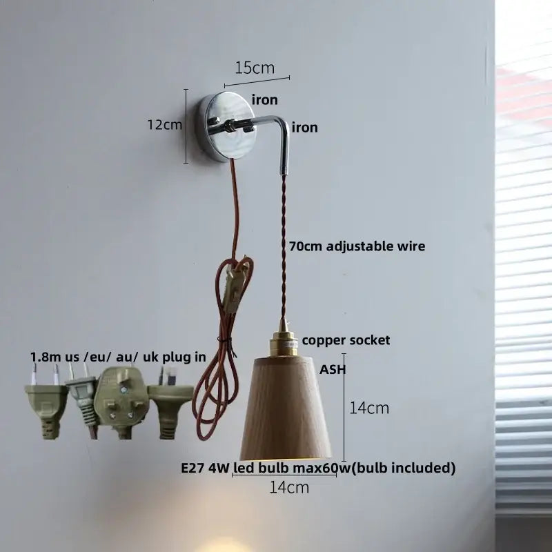GobekUsa Ash Wood LED Wall Light with Pull Chain Switch, Japanese Style Bedside Lamp, photo 15 of 19