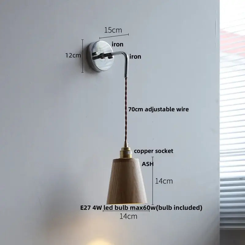 GobekUsa Ash Wood LED Wall Light with Pull Chain Switch, Japanese Style Bedside Lamp, photo 14 of 19