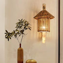 GobekUsa Bamboo Wall Lamp: Wood Cylinder/House/Teapot Sconce Light Fixture with Curved Arm