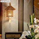 GobekUsa Bamboo Wall Lamp: Wood Cylinder/House/Teapot Sconce Light Fixture with Curved Arm
