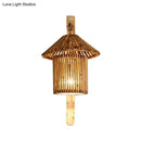 GobekUsa Bamboo Wall Lamp: Wood Cylinder/House/Teapot Sconce Light Fixture with Curved Arm