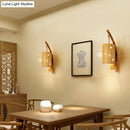GobekUsa Bamboo Wall Lamp: Wood Cylinder/House/Teapot Sconce Light Fixture with Curved Arm