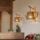 GobekUsa Bamboo Wall Lamp: Wood Cylinder/House/Teapot Sconce Light Fixture with Curved Arm
