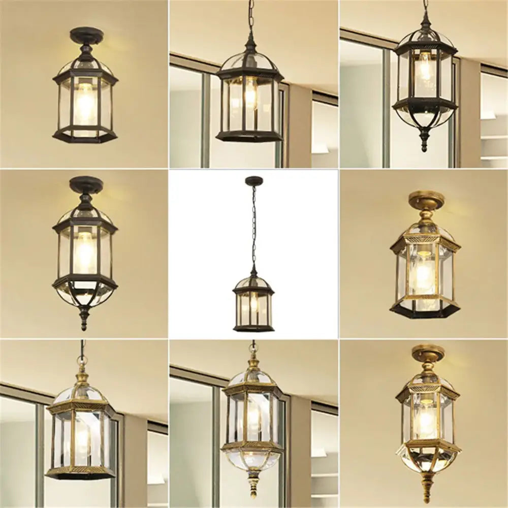 GobekUsa Black Rustic Outdoor Hanging Lantern Light with Clear Glass Flush Mount Fixture