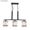 GobekUsa Rustic Black Cylindrical Island Pendant with 3 Lights & Prismatic Crystal, Ideal for Tables
